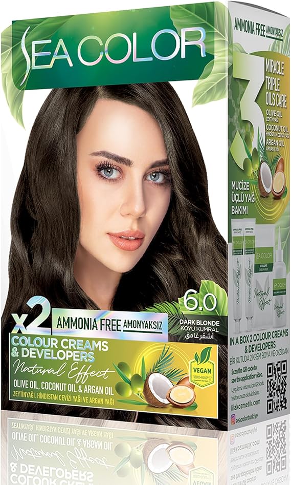 SEA COLOR Amonyaksız, Vegan, Doğal, Besleyici Kalıcı Saç Boyası%100 Beyaz Kapama (1 PAKET 2 x 50 ml Boya & OKSİDAN) (Koyu Kumral 6.0)