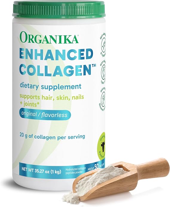 Organika Collagen Powder - for Healthy Hair, Skin, Nails, and Joints. Hydrolyzed Protein Peptides for Better Absorption- Grass-Fed, Non-GMO- Unflavoured- 2.2lbs