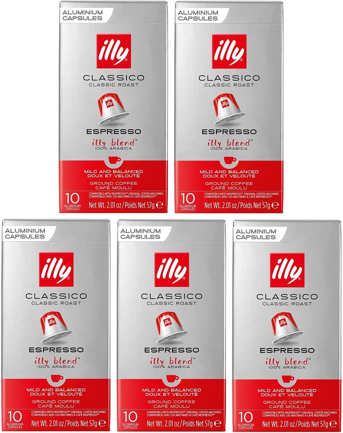 illy Nespresso Compatible Classico Aluminium Coffee Capsules - Pack of 5, Total 50 Pods - 100% Arabica Coffee
