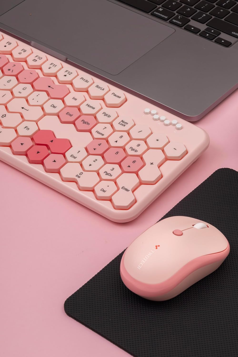 Petek Görünümlü Kablosuz Renkli Klavye Mouse Seti - Retro, Sessiz, Q Türkçe Dizayn Pembe