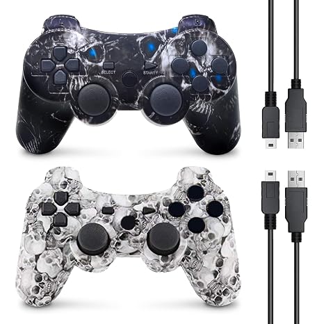 ZEIYOJON Wireless Controller for PS3, 2 Pack Controller for Play 3, 6-Axis with High-Performance Double Shock, Motion Control, USB Charging Cable (Blue Eye and White Skull)