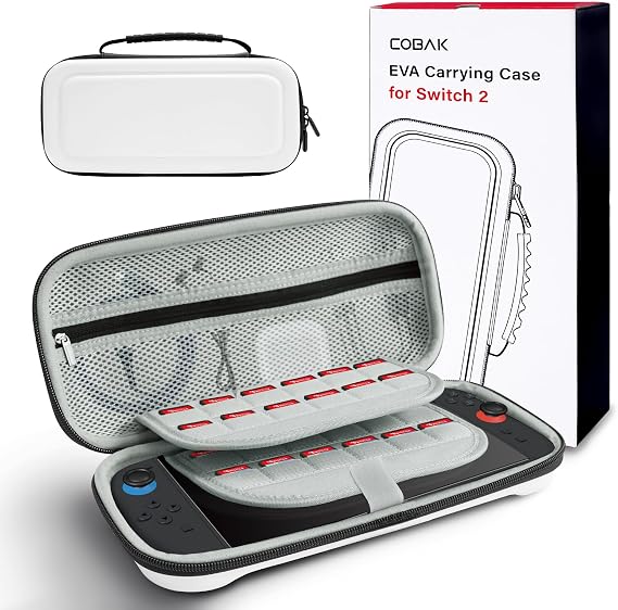 CoBak Carry Case for Nintendo Switch 2 (2025) | Hard Shell Travel Zipper Pouch with Storage for Console, Accessories & 24 Game Cards/microSD | Gift Box Edition, White Black