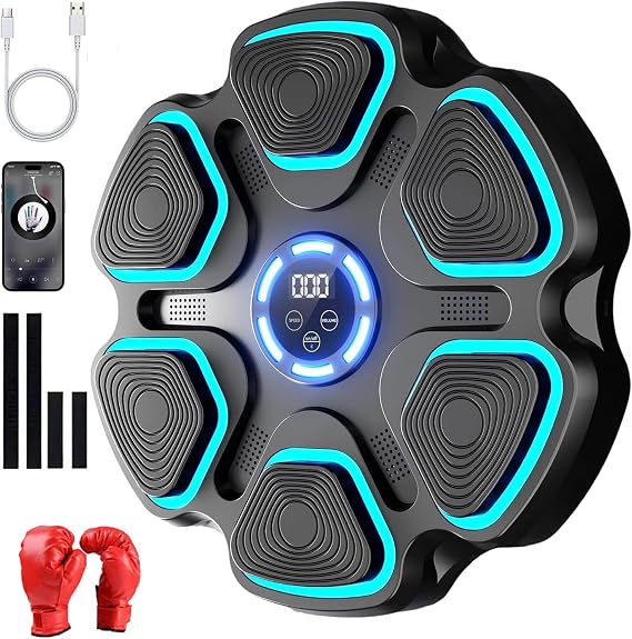 Music Boxing Machine, Smart Musical Boxing Machine with Boxing Gloves, LED Color Light, Bluetooth, 9 Speeds, Automatic Counting, Wall-mounted Boxing Machine for Home Exercise (Adult gloves)