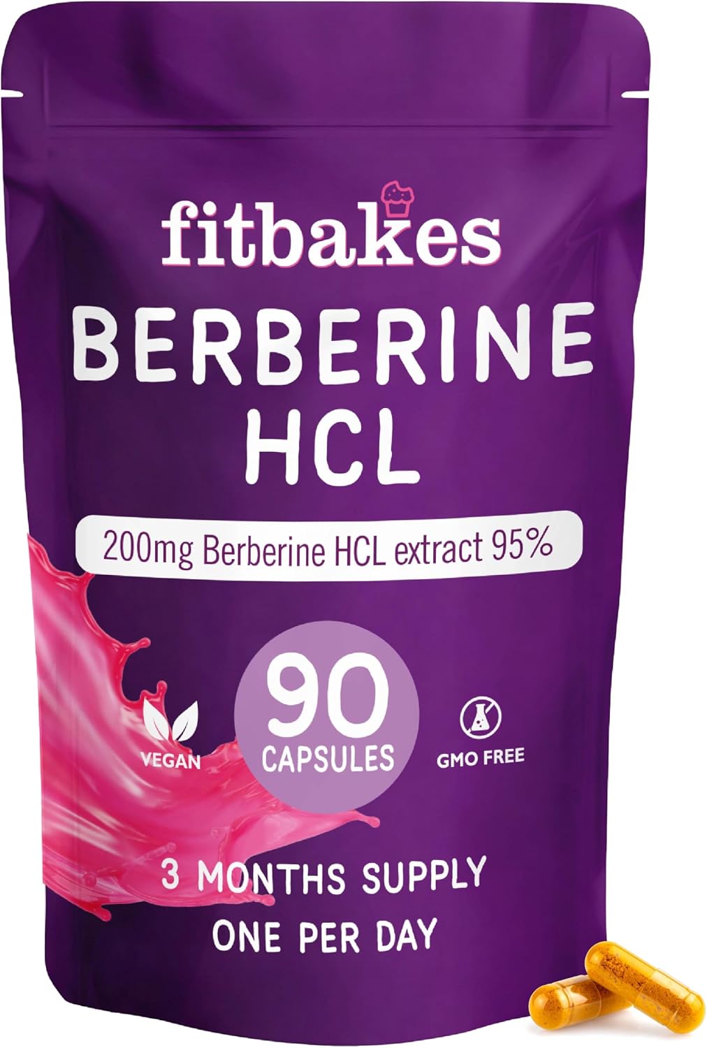 Fit Bakes Berberine HCL, 90 Capsules, 3 Month Supply, Sugar Free, 0 Carb, 1 Calorie, Keto Diet Friendly, One Per Day, Non GMO, Berberine Supplement 200 mg per Capsule Fitbakes