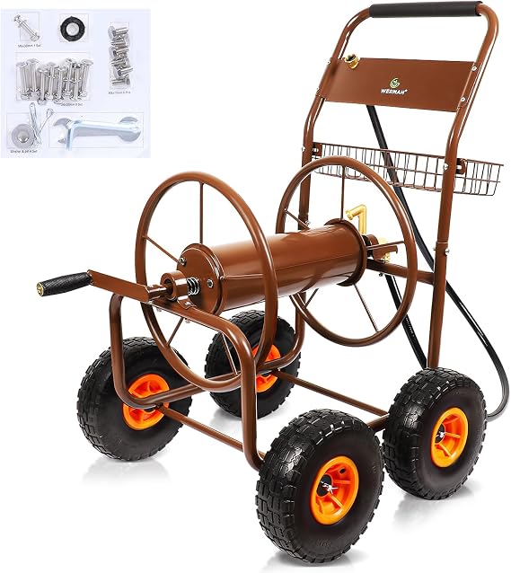 WERMAH Upgrade Hose Reel Cart, Garden Hose Cart 4 Wheels, Holds 300ft 5/8"