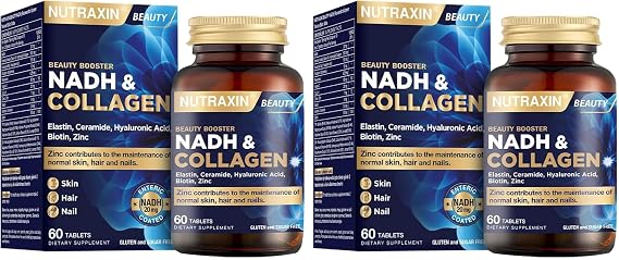 Nutraxin NADH & Collagen | Tip I-III Kolajen + NADH + Hyaluronik Asit | Cilt, Saç, Tırnak ve Enerji Desteği | 60 Tablet (2 paketi)