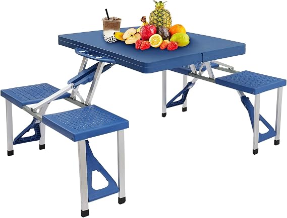 Outvita Portable Aluminum Picnic Table with Seats with Umbrella Hole Blue