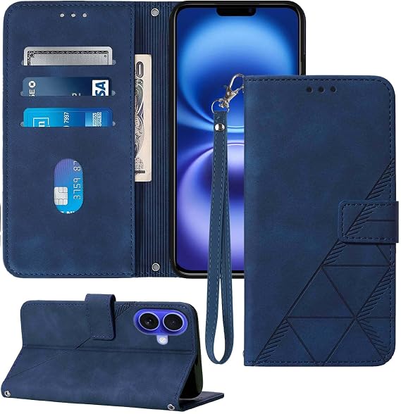 Wallet Case for iPhone 16, Card Holder, Strap (Blue)