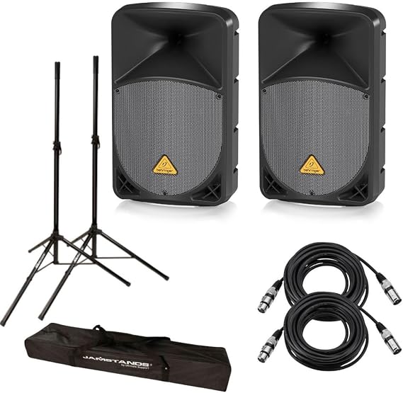 Behringer 2X EUROLIVE B112D HP 2-Way 12" PA Speaker System, Pair, Bundle with Turnstile Audio Speaker Stands, Pair, 2X XLR M to F Professional Microphone Cable - 25'