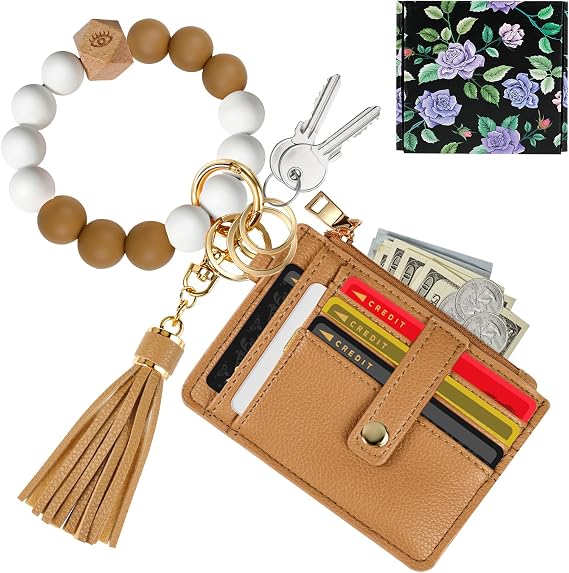 Hicdaw Wristlet Bracelet Keychain Wallet for Women 9 Slots Credit Card Holder Tassel Purse Silicone Key Ring with Gift Box