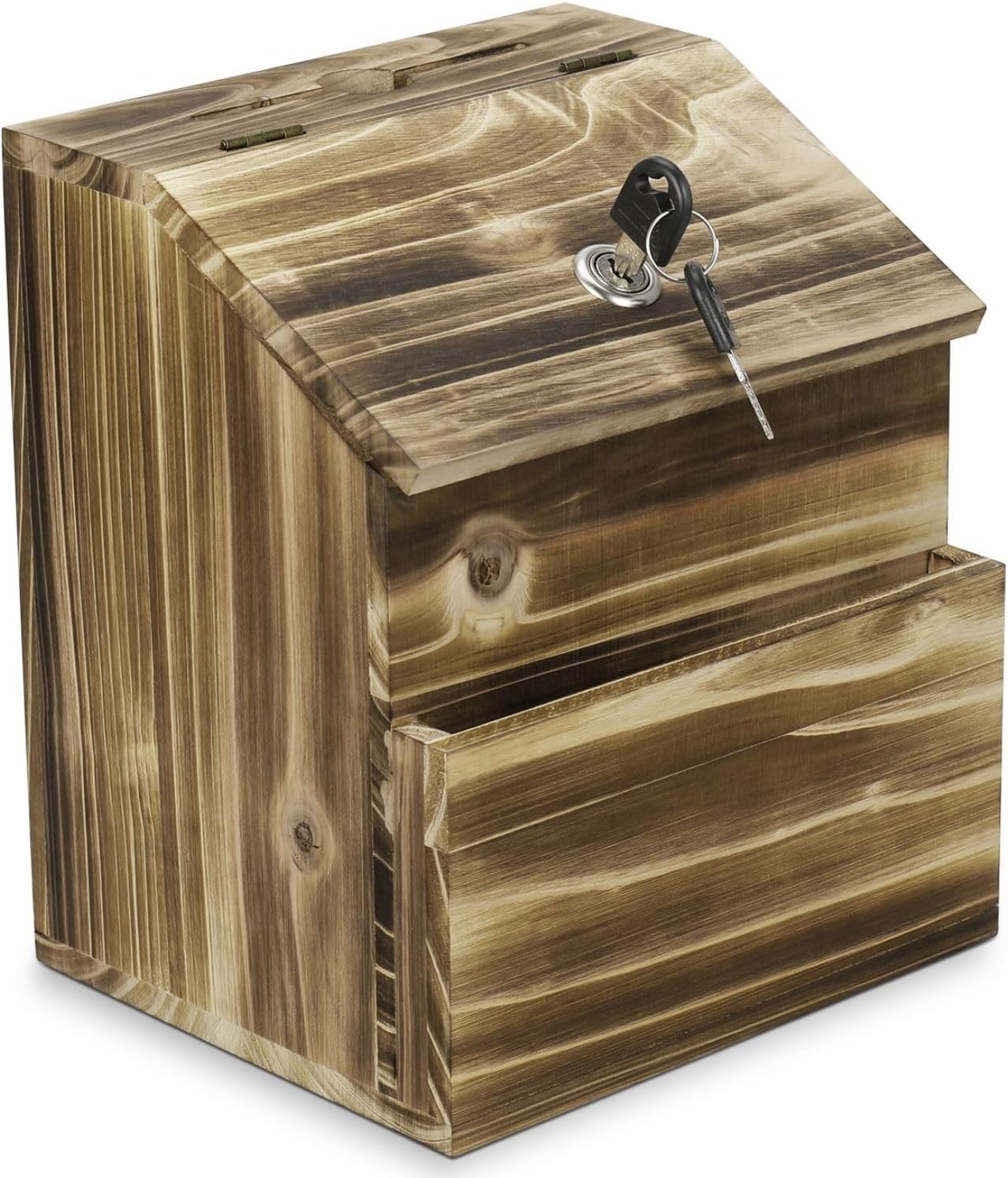 Flexzion Wooden Lockable Suggestion Box with Key Lock Lid, Wall Mounted or Free Standing Locked Ballot Prayer Donation Comment Cash Tip Money Drop Box Includes Hardware, 2 Keys