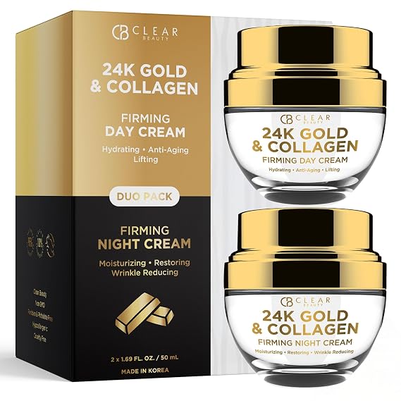Clear Beauty 24K Gold & Collagen Face Moisturizer - Dermatologist Tested, Anti Aging, Korean Skin Care - Hydrates, Firms, Smooths For Youthful Skin - Vegan, Clean Beauty - Duo Pack