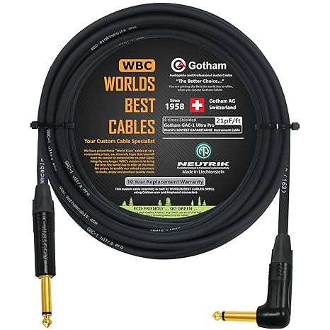 WORLDS BEST CABLES 35 Foot - Gotham GAC-1 Ultra Pro - Premium Low-Cap (21 pf/F) Guitar Bass Instrument Cable w/Neutrik Gold Straight to Angled 14 inch (6.35mm) TS Connectors - Custom Made