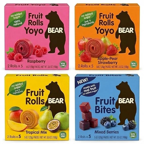 BEAR YoYo Fruit Rolls Variety Pack 4 Pack Natural Fruit Snacks Mixed Berry (1), Raspberry (1), Pear Apple Tropical Mix (1), Apple Pear & Strawberry (1) Vegan, Gluten Free, No Added Sugar Kids Lunchbox Snack