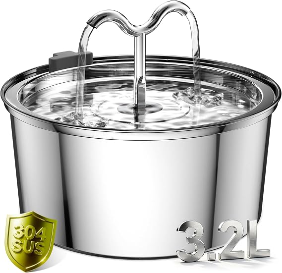 DOOOB Cat Fountain Stainless Steel 3.2 L Drinking Fountain for Cats and Ultra-quiet cat drinking fountain with pump automatic cat drinking fountain including 1 filter and 1 sponge