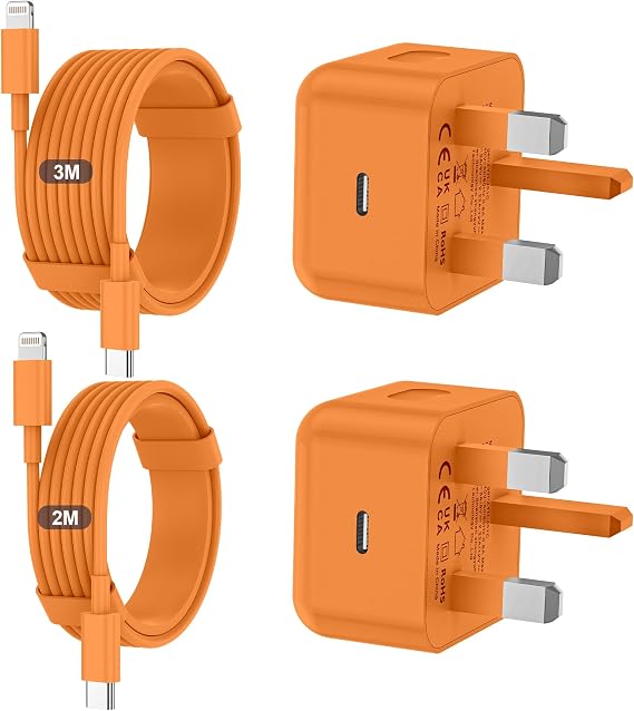 iPhone Charger Fast Charge 20W PD Fast for Apple Charger UK USB C Plug With 2M&3M iPhone Fast Charger Cable [ MFi Certified] Lightning Cable for iPhone 14 13 12 11 Pro Max, iPad (Orange, 2Packs)