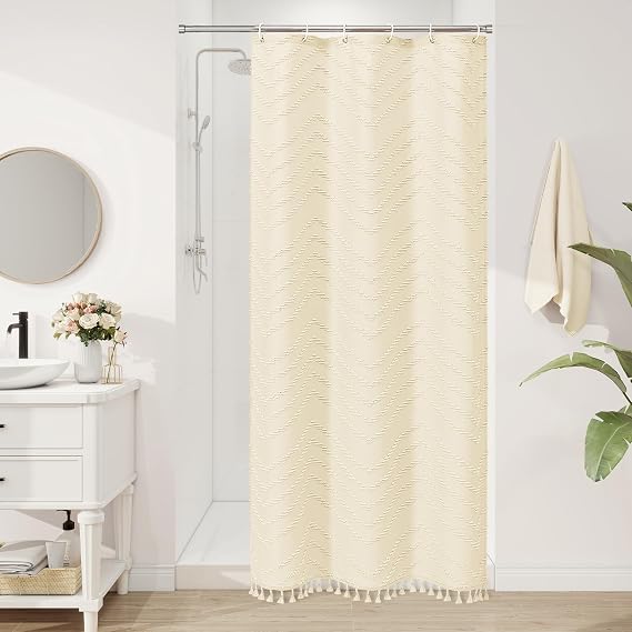 Boho Stall Fabric Shower Curtain 36 x 72, Beige Tufted Chevron Striped Design, Modern Textured Minimalist Waterproof Polyester Narrow Curtain for Small Bathroom