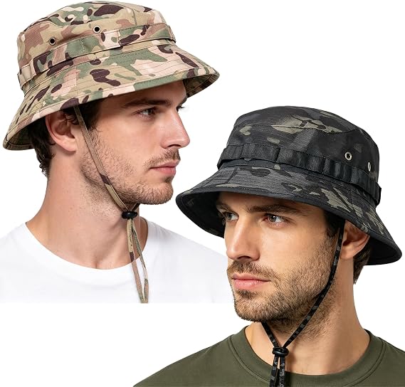 2 PCS Camo Boonie Hats for Men Women, Bush Jungle Short Hats with Adjustable Strap, Sun Cap Safari Hat for Fishing Hiking Camping