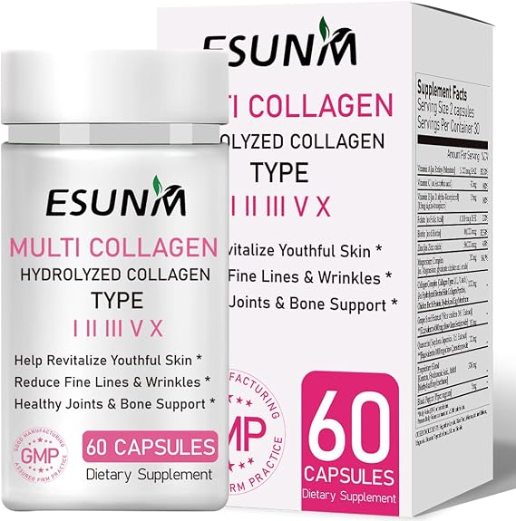 ESUNM Multi Collagen Capsules for Women & Men - Type I, II, III, V, X - Hydrolyzed Collagen Supplements with Biotin, Vitamin C for Hair, Skin, Nail & Joint Support, 60 Capsules,30 Servings