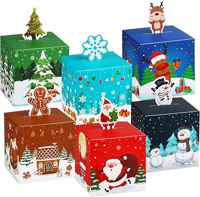 24 Pcs Christmas Treat Boxes Christmas Party Favor Box, Xmas Goody Candy Boxes Gable Box for Birthday Party Supplies Decorations, Printed with Santa Claus, Elk, Snowman, Christmas Tree