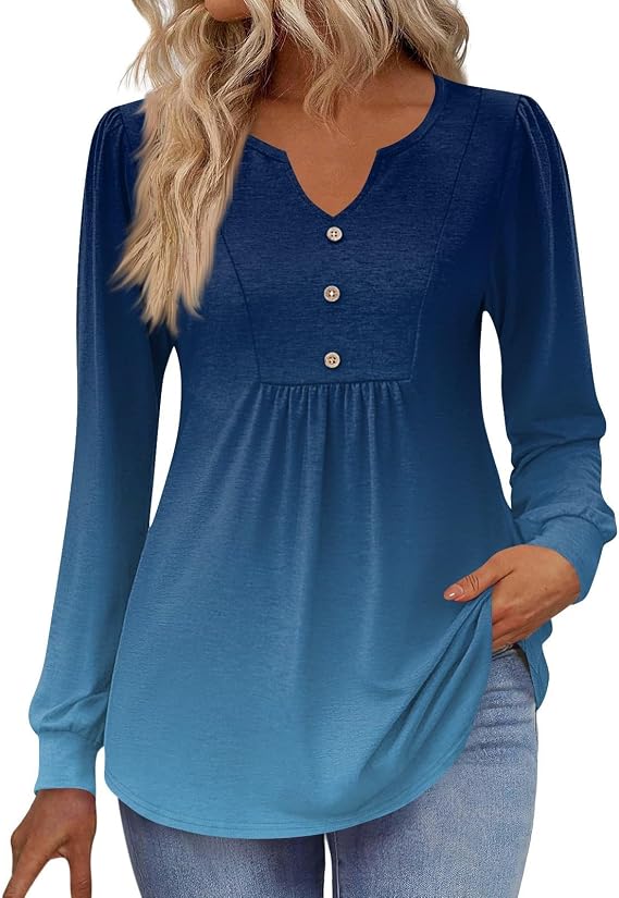 Long Sleeve Shirts for Women Printed Pleated Dressy Blouses Casual Tunic Tops for Leggings V Neck Fall Fashion Tees