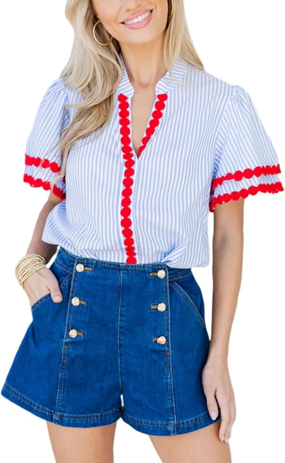Yeokou Womens Striped Shirt V Neck Short Puff Sleeve Cotton Pullover Top Casual Summer Button Down Rickrack Blouse