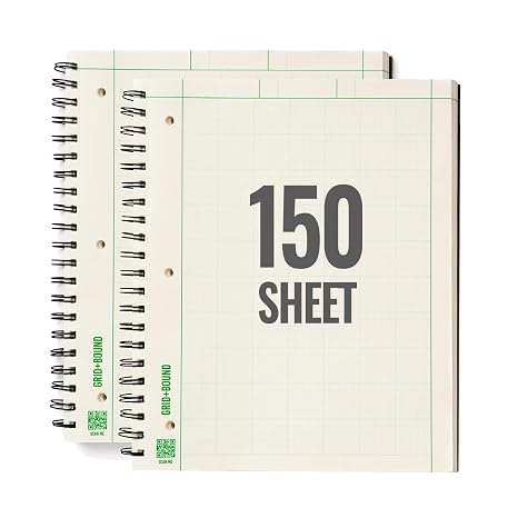Grid+Bound Engineering Notebook, Spiral Bound, 2 Pack, 150 Sheets Each | Green tint graph paper computation pad, margin front, 5x5 grid back, perforated, 3-hole punched, 8.5 x 11