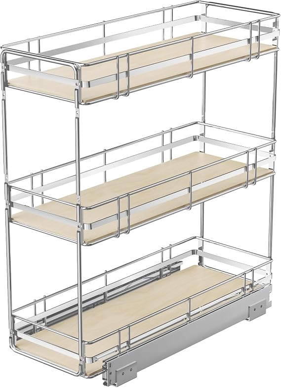 Pull Out Spice Rack Cabinet Organizer 9" W x 2012" D, 3 Tier Heavy Duty Slide Out Wood Shelf for Narrow Cabinet, Pull Out Storage for Kitchen
