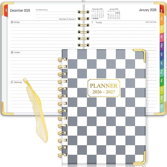 Daily Planner 2026-2027, 18 Month Planner with Tabs, January 2026 - June 2027 Weekly and Monthly Academic Year Calendar Spiral Time Management, 100GSM Thick Paper, Twin-Wire Binding, A5 Size, Checkered