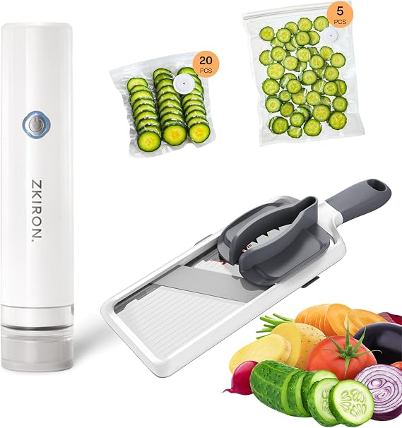 ZKIRON Food Prep Combo OneTouch Handheld Vacuum Sealer with 25 Reusable Bags + Multi Handheld Mandoline Slicer for Effortless Slicing and Freshness Preservation (20 Medium + 5 Large Bags)