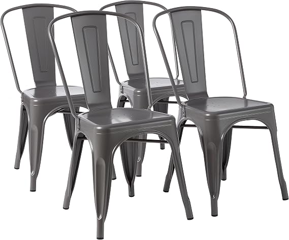 Amazon Basics Metal Dining Chairs, Easy to Assemble, Indoor/Outdoor, Stackable, 330-Pound Capacity, Dark Gray, 4-Pack, 20.1 x 17.1 x 33.5 inches