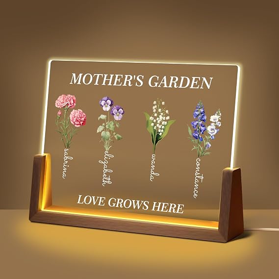 Custom Birth Flower Mothers Garden Plaque Light Up Frame, Gifts For Mom