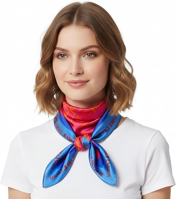 VERSACE JEANS COUTURE Hot Pink/Blue Signature Graffiti Print Medium Square Scarf