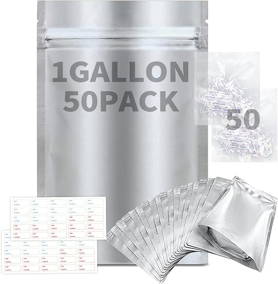 50 Mylar Bags for Food Storage-10"x14" Extra Thick mylar bags with 50pcs*400cc Oxygen Absorbers and Label Stickers ,for Wheat, Rice, Legumes Meat Long Term Food Storage Home Organization