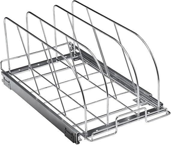 Pan and Pot Rack, Expandable Pull Out Under Cabinet Organizer,Cookie Sheet Baking Pans tray Organization,Adjustable Wire Dividers,Steel Lid Holder for Kitchen Cabinet & Pantry Storage,11.7"W