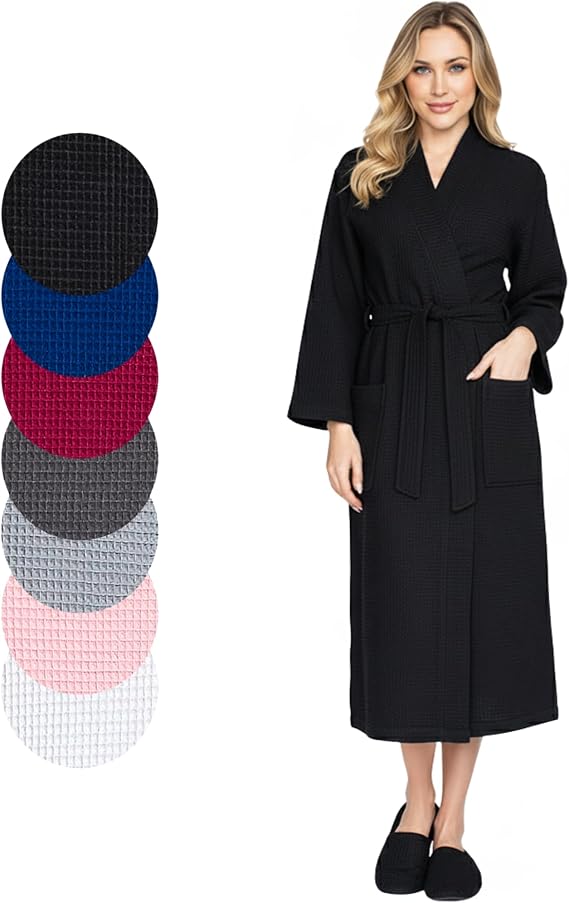 Lotus Linen Long Waffle Cotton Robes for Women Monogram, Lightweight, Soft Kimono Spa Bathrobe with Pockets