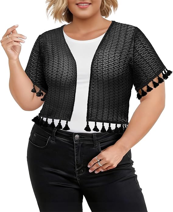Lastshe Womens Plus Size Lace Shrugs Short Sleeve Cut Out Style Bolero Sheer Top Tassel with Wheat Pattern Cardigan