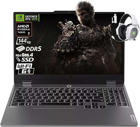 Lenovo LOQ 4070 Gaming Laptop, 15.6" FHD IPS 144Hz Display, AMD Ryzen 7 7435HS, NVIDIA GeForce RTX 4070, 32GB DDR5, 1TB Gen 4 SSD, WiFi 6, DLSS 3, Nahimic Audio, Win 11, 2.4GHz Gaming Headset