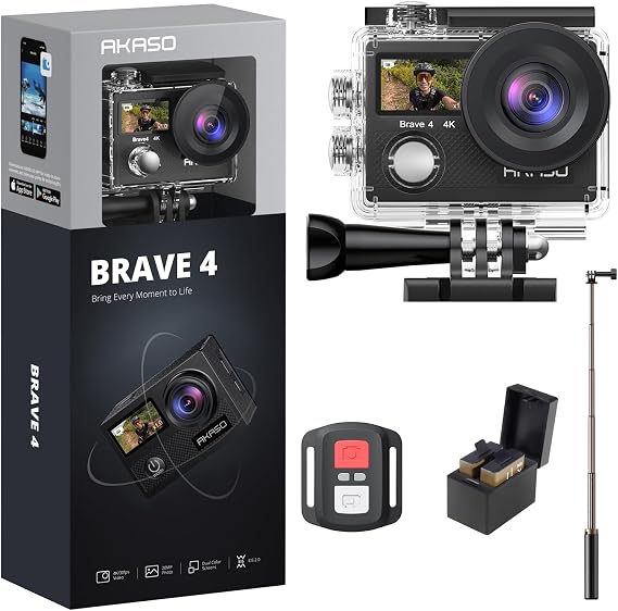 AKASO Brave 4 4K30fps 20MP WiFi Action Camera with EIS 131ft Waterproof Camera with 2 Batteries and Bicycle Helmet Accessories with 60cm Selfie Stick Tripod Bundle