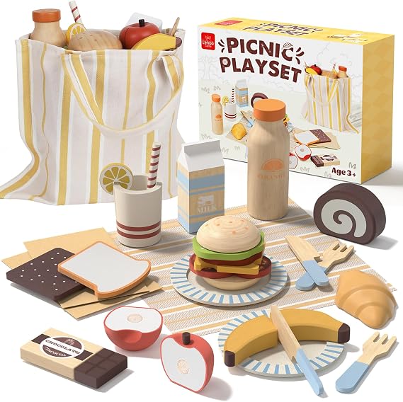 Lehoo Castle Wooden Play Food Set for Toddlers, Play Kitchen Accessories