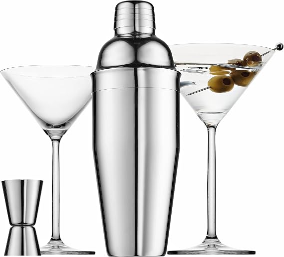 Godinger Cocktail Shaker Set and Martini Glasses Bar Set, Stainless Martini Shaker with Stemmed Cocktail Glasses and Double Jigger, 4 Piece Gift Set