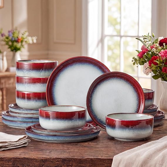KINGSTONE Dinnerware Set for 6, Red Reactive Glaze Plates and Bowls Sets