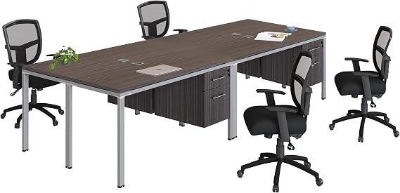 Boss Office Products Simple System Quad Desks with (4) Pedestals, 96" x 48", Driftwood