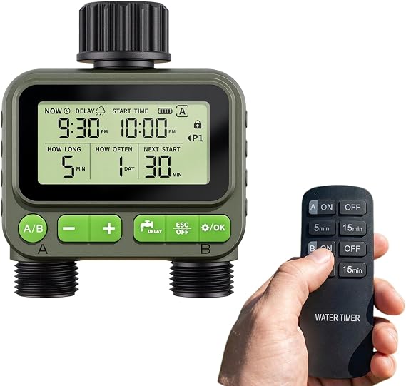 RF Remote Controlled Water Timer 2 Zone – Dual Outlet Garden Hose Irrigation Controller | IP65 Waterproof | 60m Range | 4 Programs | Rain Delay & Child Lock | Lawn, Garden & Allotment