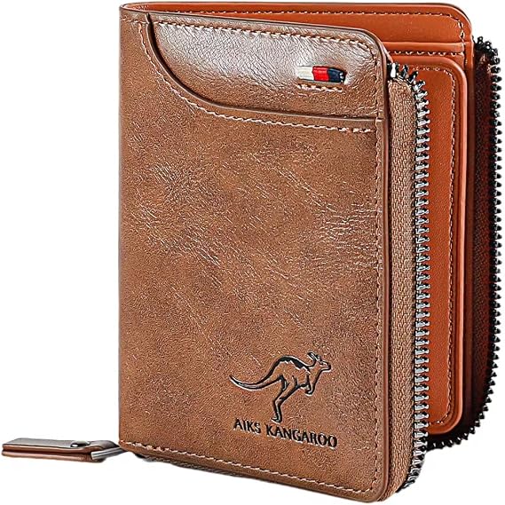 Men's leather wallet small wallet with RFID NFC protection men's wallet with zip with 13 compartments with coin compartment and note compartment (brown)