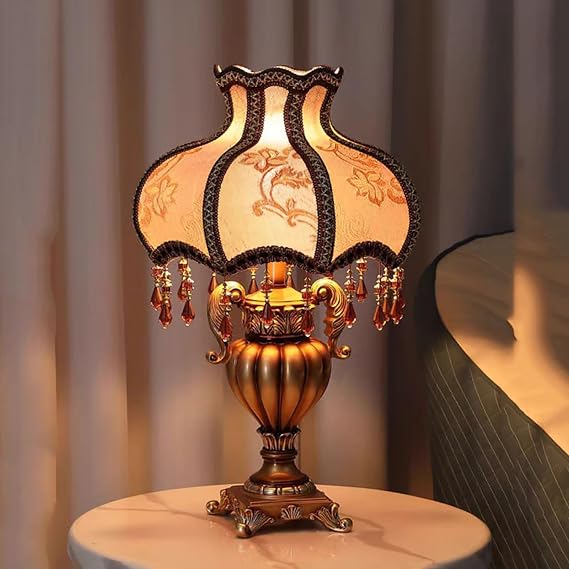 Retro Table Lamp,Antique Victorian Lamp with Fringe & Lace,Fabric Table Lamp with Shade,European Resin Vase Shape Nightstand Table Lamp,Table Lamps for Living Room Bedroom