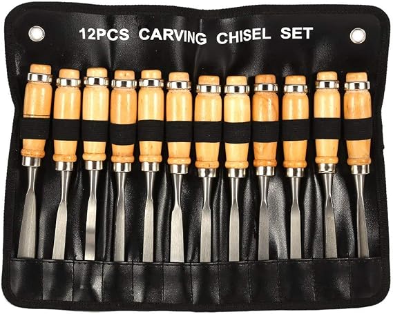 Keenso 12 Piece Professional Wood Carving Sharp Hand Chisel, DIY Tools 8 inch, Woodworking Gouges for Beginners, Hobbyists and Professionals, with Black Case