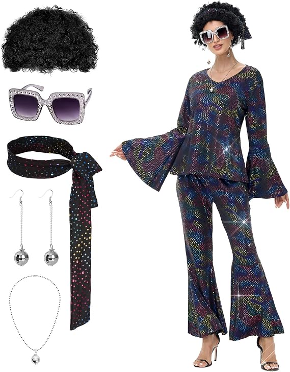 70s Disco Costume for Women - 1970s Disco Outfit with Wig, Earrings, glasses, Necklace, Headband, Sequin Top & Bell Bottoms