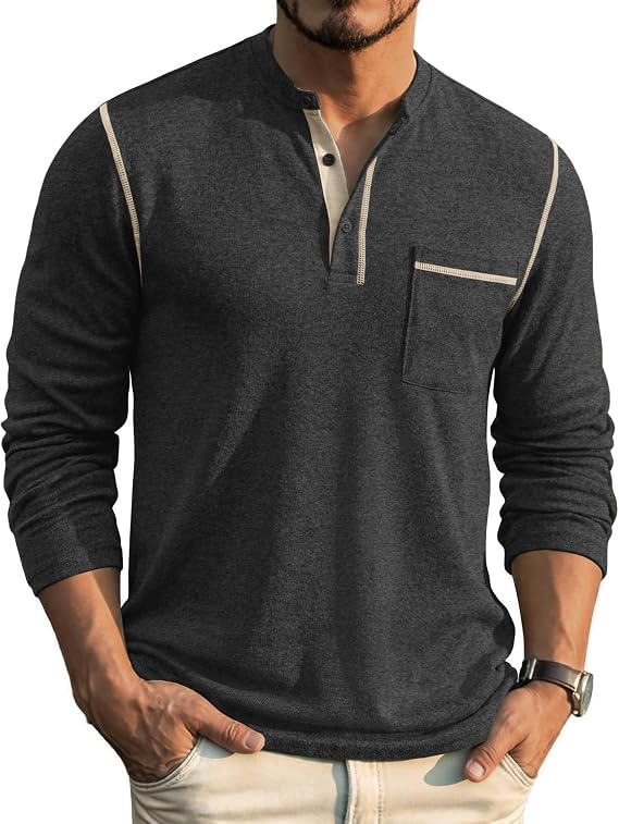 COOFANDY Men's Henley Long Sleeve Shirts Casual Button T-Shirt Pullover Basic Tees with Pocket
