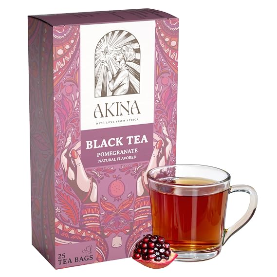 AKINA - Pomegranate Flavored Black Tea Bags, Individually Wrapped, Fruity String and Tag Kenyan Pomegranate Tea Bags, Sweet and Tangy with Refreshing Aroma (Box of 25) (50g)